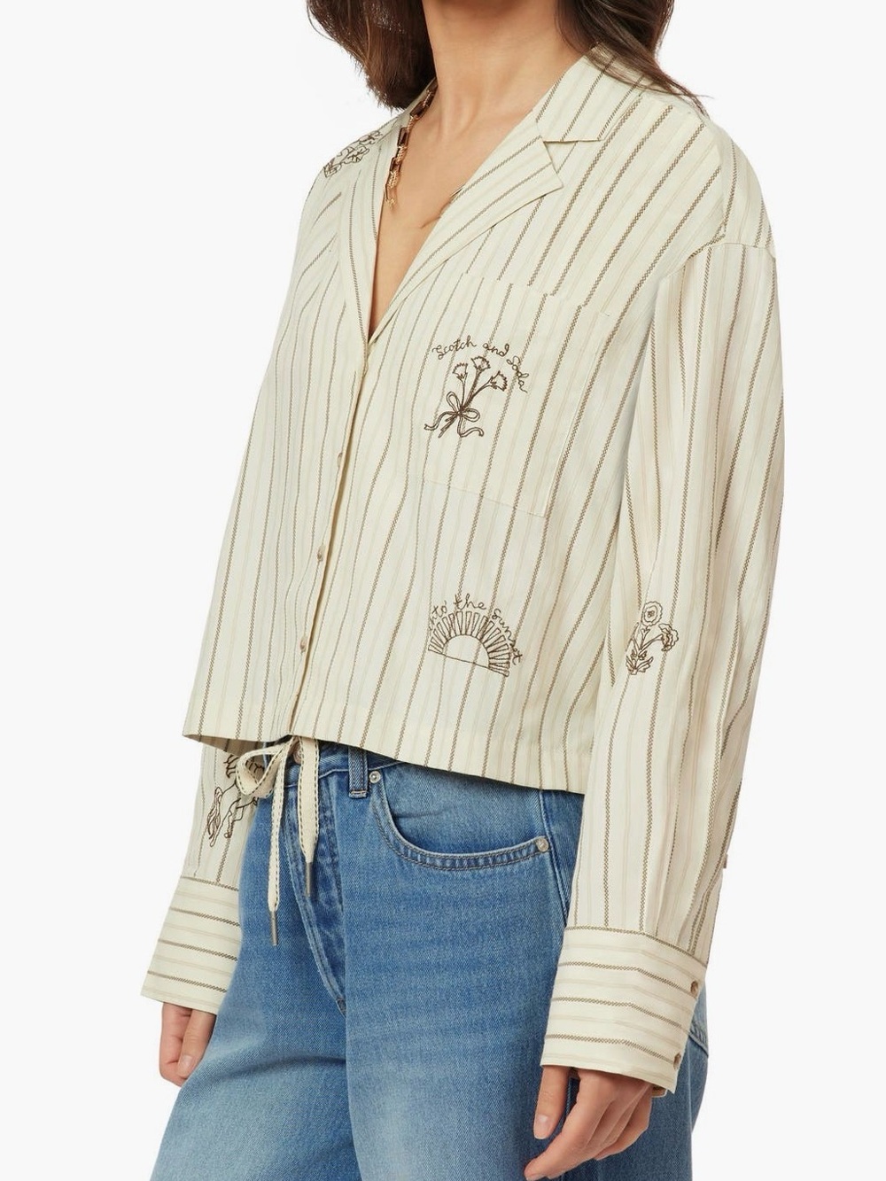 Scotch & Soda Women’s Striped Hand Embroidered Desert Motif Blouse Cropped Sz L - Picture 12 of 12